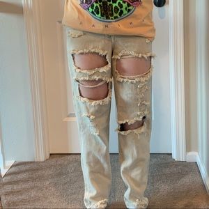 tan ripped mom jeans